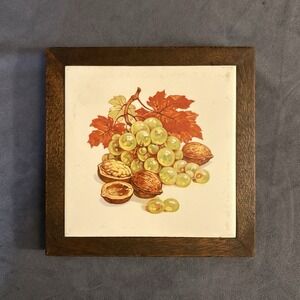 Vintage Pomona Ceramic Tile Trivet Grapes & Walnuts Wood Frame Cottagecore USA